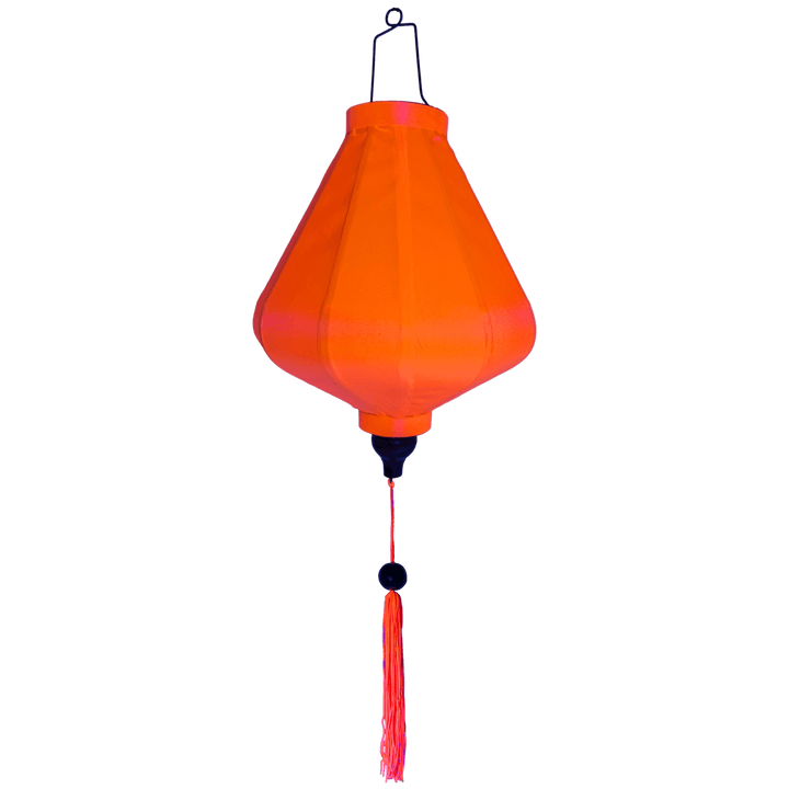 Teardrop shape neon orange Vietnamese silk lantern glowing under UV light creating an orange UV glow.