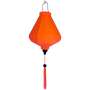 Teardrop shape neon orange Vietnamese silk lantern glowing under UV light creating an orange UV glow.