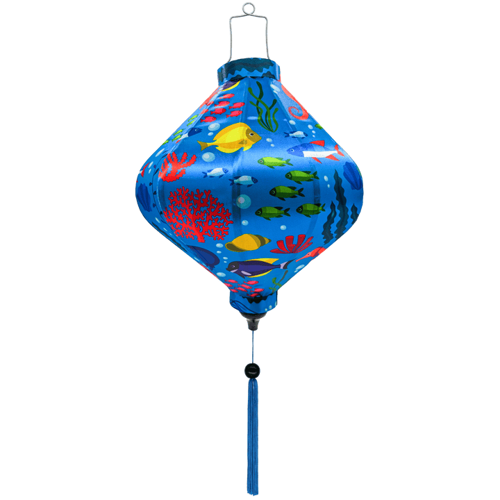 Lozenge shaped Vietnamese lantern for sale.  A print of colourful tropical fish, sea horses and jellyfish swimming around bright orange and red coral.