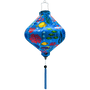 Lozenge shaped Vietnamese lantern for sale.  A print of colourful tropical fish, sea horses and jellyfish swimming around bright orange and red coral.