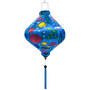 Lozenge shaped Vietnamese lantern for sale.  A print of colourful tropical fish, sea horses and jellyfish swimming around bright orange and red coral.