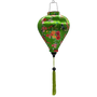 Balloon shaped lantern with green tassel featuring a print of bright bunches of flowers and various feathery avian species on a bright emerald green backdrop.