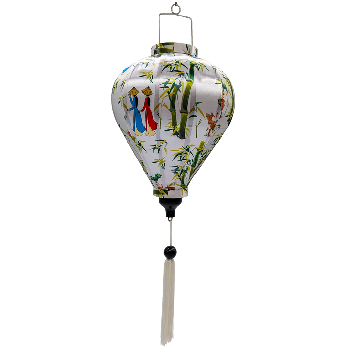 Balloon shape lantern with a charming countryside scene featuring women in áo dài, bamboo groves, and little boys playing an instrument while sitting on water buffalos. 