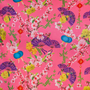 Polyester silk fabric with colourful pattern of purple fans, flowers, and bamboo on a pink background.