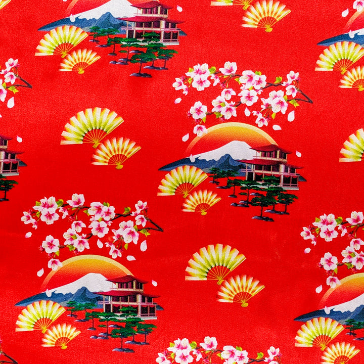Traditional Japanese pattern with cherry blossoms, fans, and mountains on a red background.