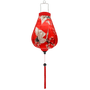 Garlic shaped Vietnamese lantern with red-headed cranes flying and swooping around small pink and white cherry blossoms on a bold red background.