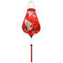 Garlic shaped Vietnamese lantern with red-headed cranes flying and swooping around small pink and white cherry blossoms on a bold red background.
