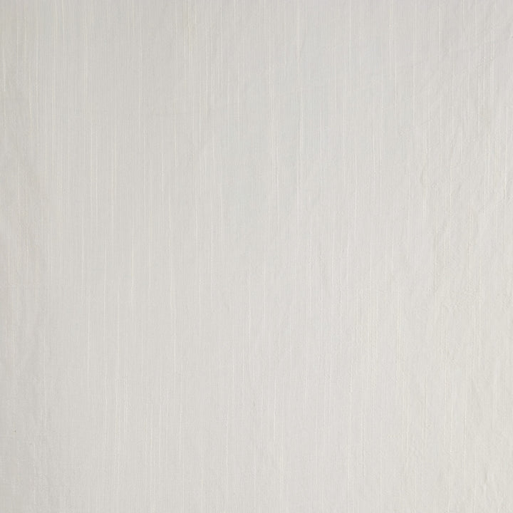 A close-up of a white textured polyester linen fabric with subtle vertical grain.