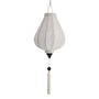 A hanging lantern with a white poly linen fabric and matching white tassel with a black bead, suspended 