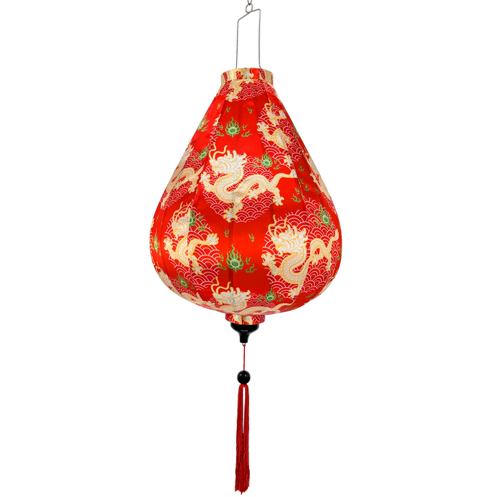 Red Vietnamese silk lantern in Garlic shape with dragon design on a red background with matching ed tassel