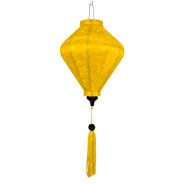 Diamond shaped Yellow Jacquard silk lantern with a matching tassel.