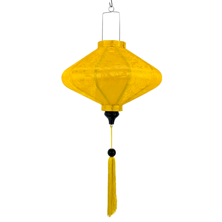 UFO shaped Yellow Jacquard silk lantern with a matching tassel.