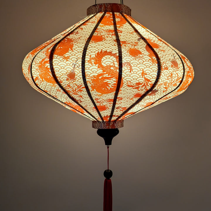 Glowing lantern with dragon and floral design on a cream background with swirls