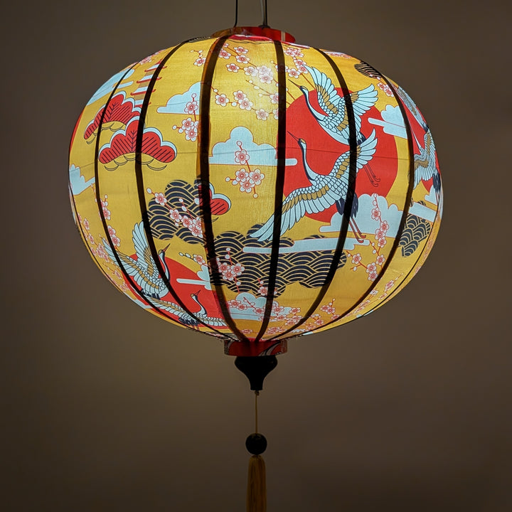 Glowing lantern with traditional design on a yellow background