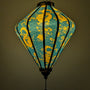 Glowing lantern with yellow dragon design on a teal background