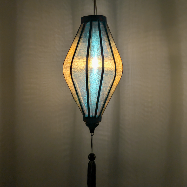 Glowing Tube shaped Gold & Blue Jacquard silk Vietnamese lantern hanging.