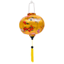 Round shape Vietnamese silk lantern handmade in Hoi An adorned with elegant cranes, encircled by lanterns, and pink and red blossoms, all set against a backdrop of brilliant yellow. 
