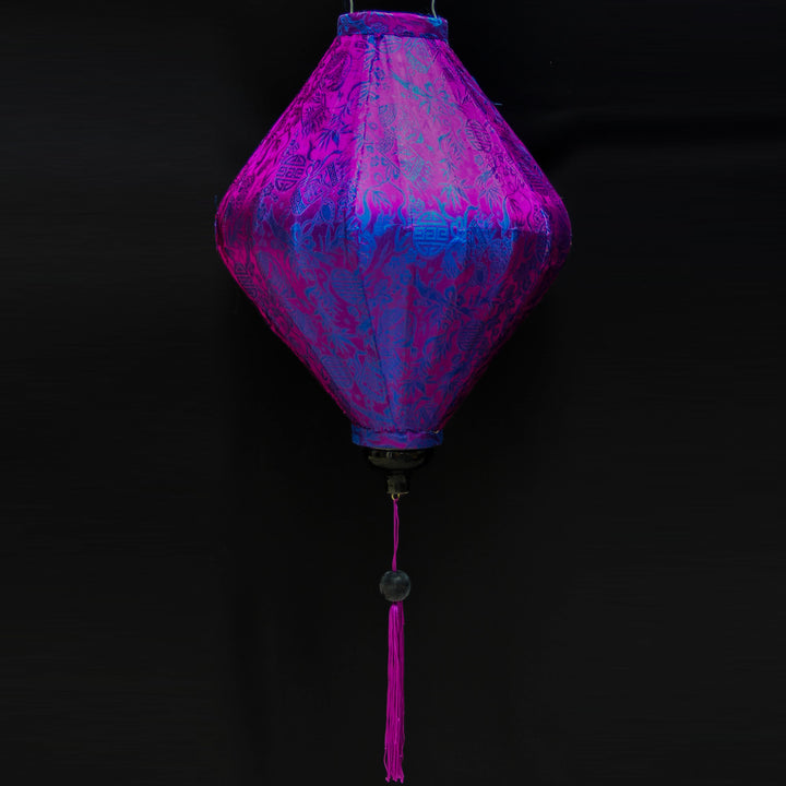 lozenge shaped lantern with purple and blue jacquard silk fabric and purple tassel