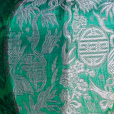 close up up sea green and silver jacquard silk fabric