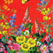 Red polyester silk fabric with a print of flora, such as sunflowers and bluebells.