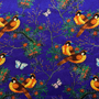Polyester silk fabric with a print of birds and butterflies on deep purple backdrop.