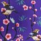 Deep purple polyester silk fabric with a print of birds, pink blooms, and butterflies.
