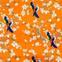 Orange polyester silk fabric with a print of bluebirds perched on branches amidst white flower blossoms.