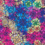 Polyester silk fabric with an illustration of fireworks in a range of colours, including blue, purple and yellow.