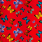 Polyester silk fabric with multi-coloured butterfly pattern on a vibrant red background, used for hand making Vietnamese lanterns.