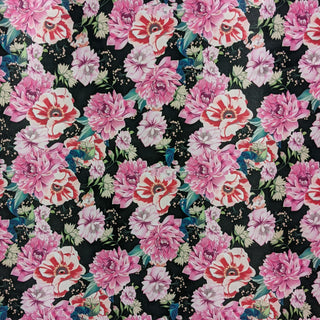 Black polyester silk fabric with print of pink red and white carnations.