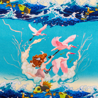 Blue polyester silk fabric with a print redheaded young boy flying through the clouds, lifted by pink cranes balancing on flying fish surrounded by an ocean. 