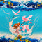 Blue polyester silk fabric with a print redheaded young boy flying through the clouds, lifted by pink cranes balancing on flying fish surrounded by an ocean. 