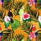 Orange polyester silk fabric with exotic birds parrots, toucans, and cockatiels, as well as flowers like pink hibiscus and orchids, and lush palm leaves