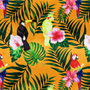 Orange polyester silk fabric with exotic birds parrots, toucans, and cockatiels, as well as flowers like pink hibiscus and orchids, and lush palm leaves