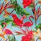 Polyester silk fabric used to create Hoi An Vietnamese lanterns with a print of pink flamingos, green leaves, flowers, pink and yellow butterflies on a light blue.