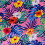 Polyester silk fabric used to create Hoi An Lanterns featuring vibrant hibiscus flowers in various shades of colours on bright pink background. 