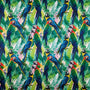 Polyester silk fabric with a collage of parrots surrounded by leaves.
