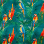 Deep green polyester silk fabric with a print of parrots in vivid colours surrounded by palm leaves.