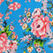 Polyester silk fabric with pink and yellow roses on a light blue background.