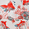 Polyester silk fabric with red goldfish and crabs amongst coral, shells, and seaweed on white.