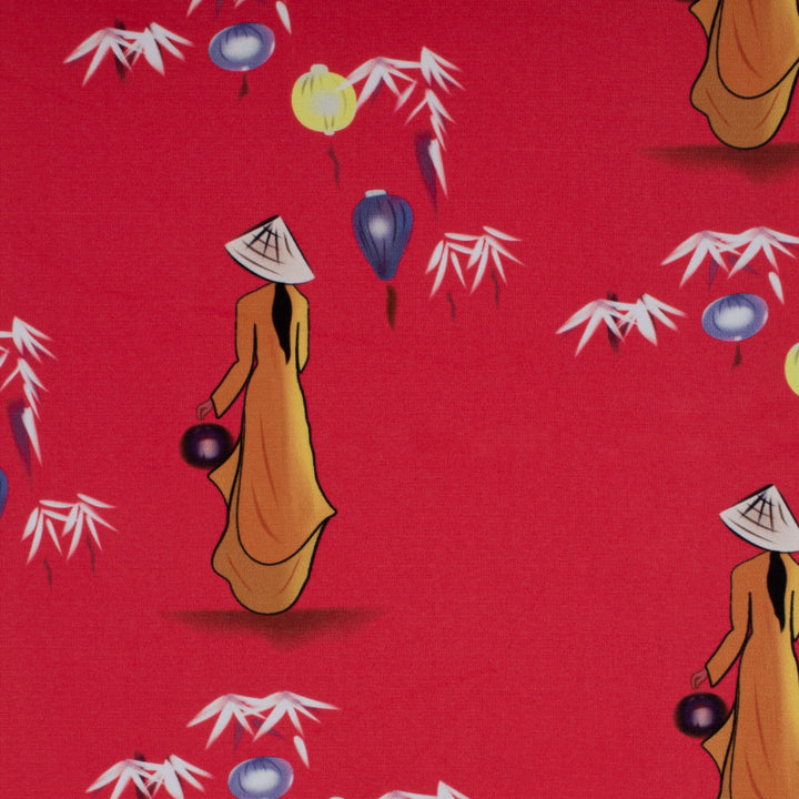 Polyester silk fabric featuring traditional nón lá hat-wearing Vietnamese woman carrying lanterns on a bold red background. This fabric is used to create Vietnamese Hoi An Lanterns.
