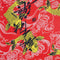 Polyester silk fabric with a print of large yellow koi fish swimming amidst swirls of white and thick black calligraphy.