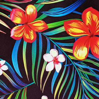 A print of tropical flowers.
