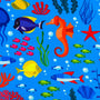 Blue polyester silk fabric with a print of colourful tropical fish, sea horses and jellyfish swimming around bright orange and red coral.
