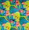 Polyester silk fabric with neon design of an underwater wonderland, fish swimming amongst dark blue lotus leaves and bright green seaweed.