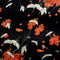 Black polyester silk fabric with white cranes swooping down and flying around falling orange flowers. This fabric is used to create our Hoi An Vietnamese Lanterns.